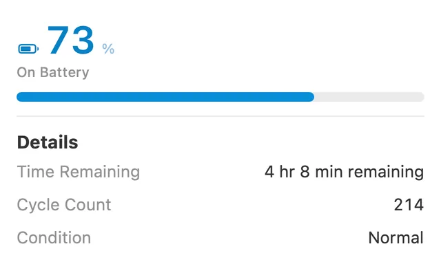 The Battery Popover: the charge as a percentage with its charging state and a fill bar, over the time remaining, the cycle count and the battery's condition