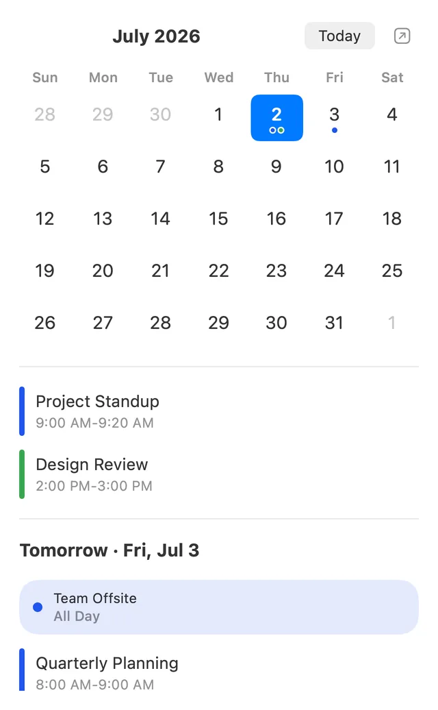 The Calendar Popover: the Mini Calendar with Event Dots, today's Day Agenda, and the Tomorrow Preview