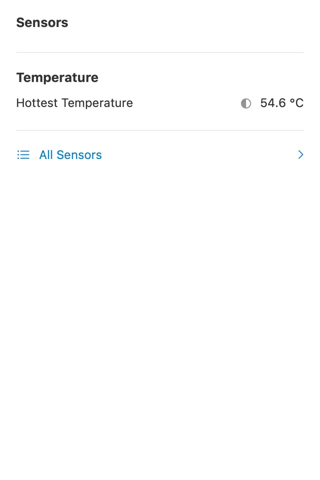 The Sensors Popover: the Temperature overview showing the hottest reading, with All Sensors opening the sensor catalog